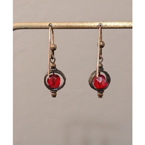 925 Sterling Red Crystal Bead Dangle French Wire Earrings - Picture 3 of 5
